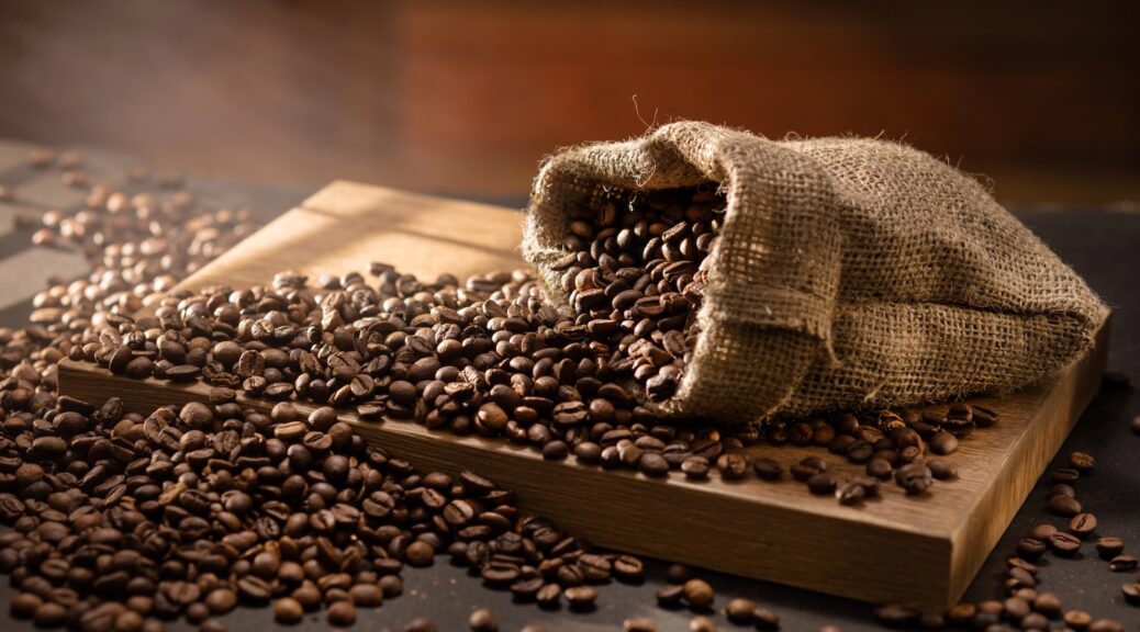 coffee beans in burlap bag